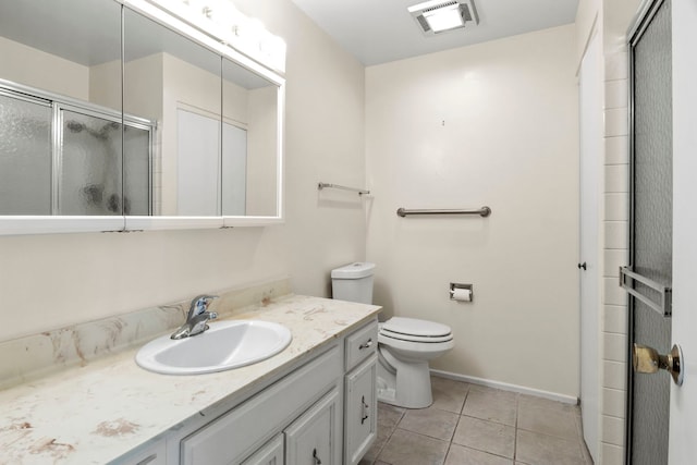 bathroom with toilet, a shower with shower door, vanity, visible vents, and tile patterned floors