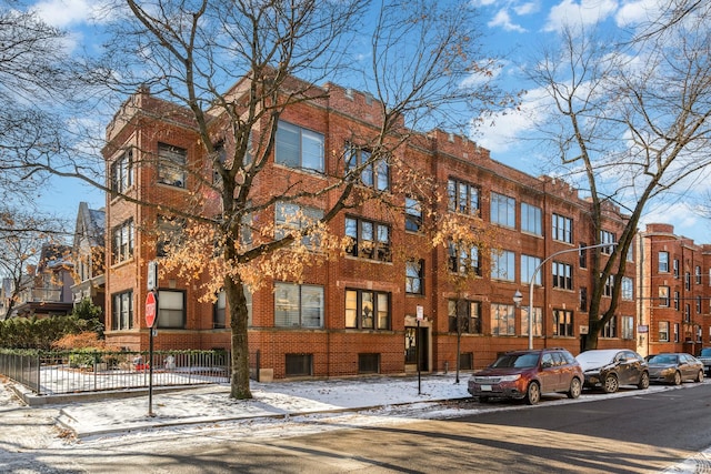 view of snow covered building