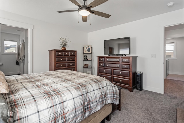 bedroom with carpet floors, multiple windows, baseboards, and a ceiling fan