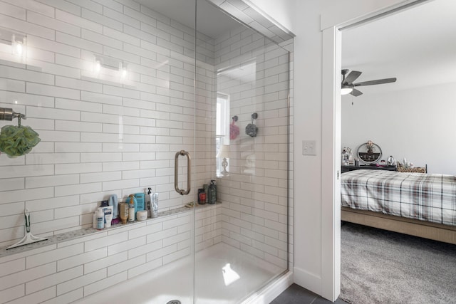 ensuite bathroom with ensuite bath, an enclosed shower, and ceiling fan