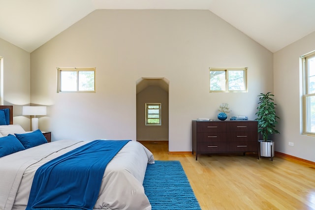 bedroom with lofted ceiling, light wood finished floors, and multiple windows