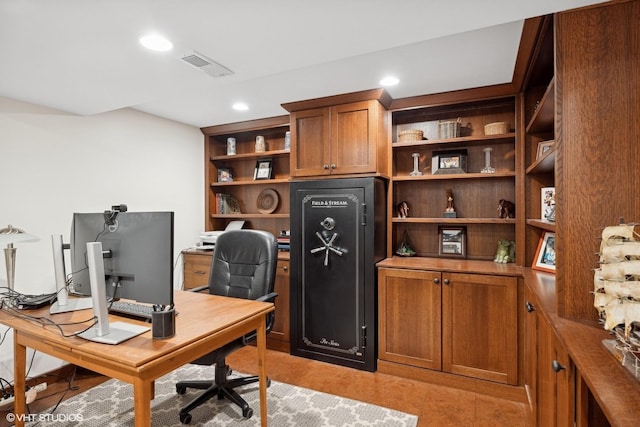 office space with recessed lighting and visible vents