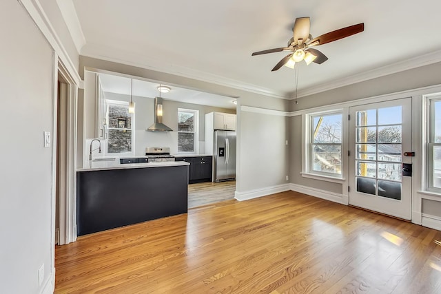 kitchen with sink, light hardwood / wood-style flooring, ornamental molding, stainless steel appliances, and wall chimney range hood