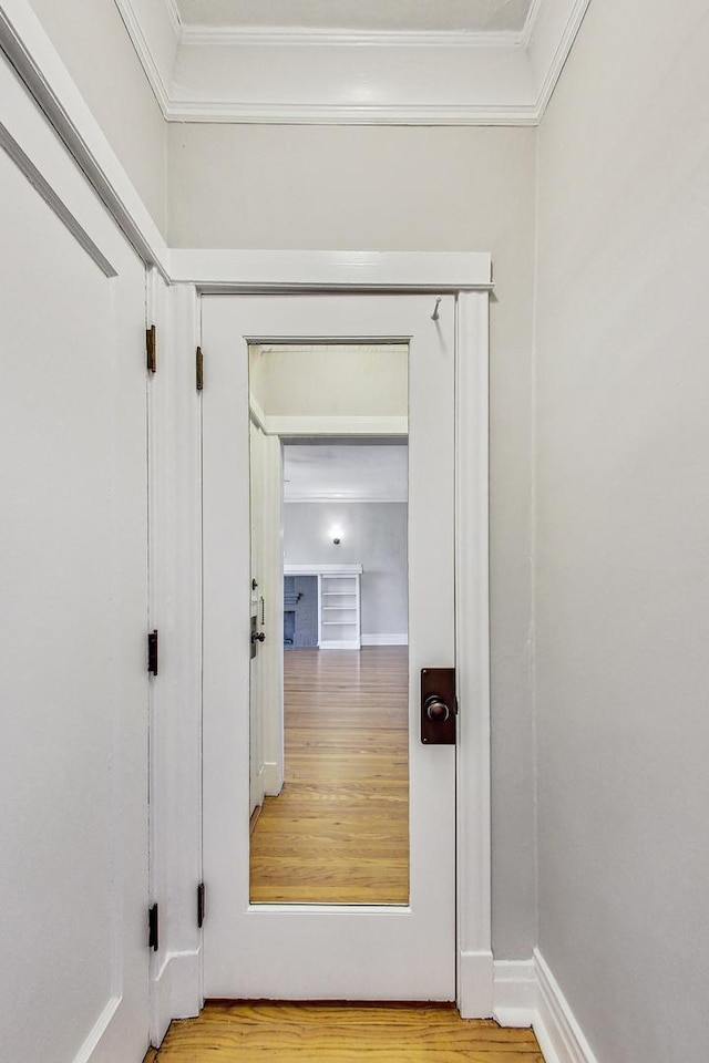 interior space with crown molding and light hardwood / wood-style floors