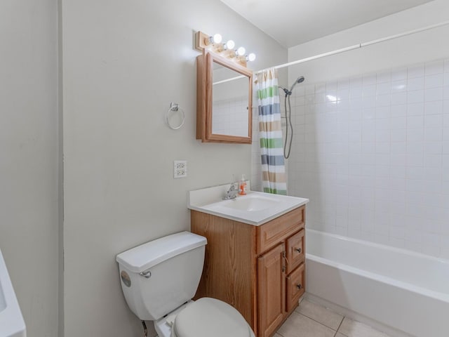 full bathroom with shower / bath combination with curtain, vanity, toilet, and tile patterned flooring