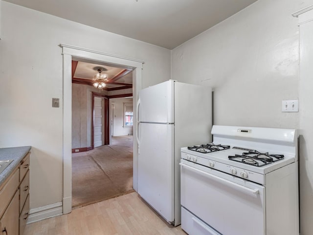 kitchen with ceiling fan, light wood-type flooring, and white appliances