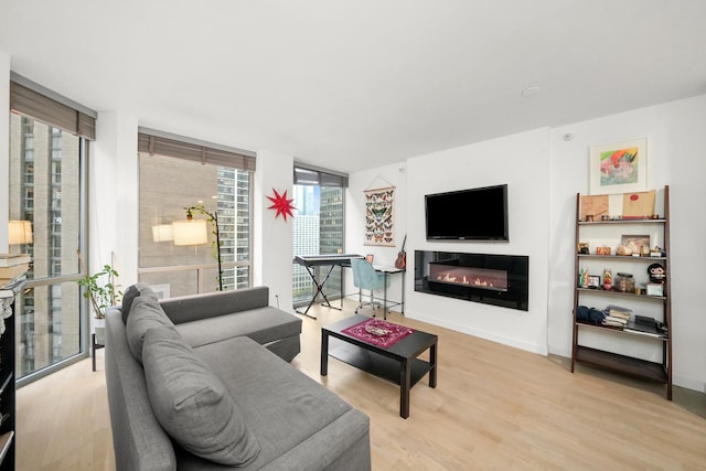 living room featuring expansive windows and light hardwood / wood-style floors