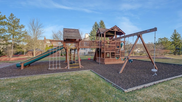 community jungle gym featuring a lawn