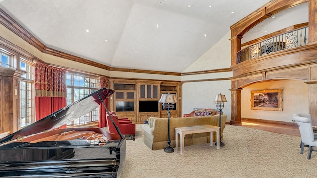 interior space with high vaulted ceiling and crown molding