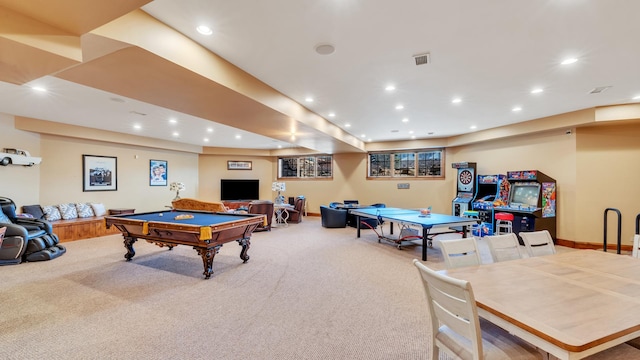 recreation room featuring light carpet, recessed lighting, and baseboards