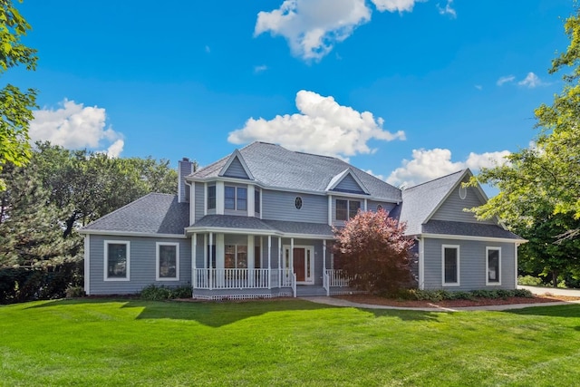 301 Fieldstone Ln, Dixon, IL 61021 - view of front of home featuring covered porch, a chimney, a front lawn, and a shingled roof
