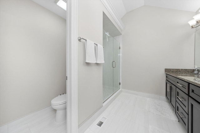 full bathroom featuring visible vents, toilet, vaulted ceiling, vanity, and a shower stall