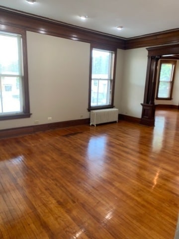 420 N Marion St, Oak Park, IL 60302 - empty room with crown molding, baseboards, wood finished floors, and radiator