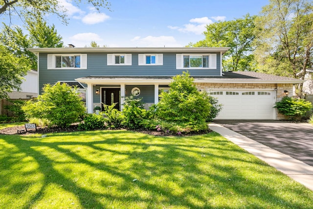 traditional-style house featuring a garage, driveway, and a front lawn