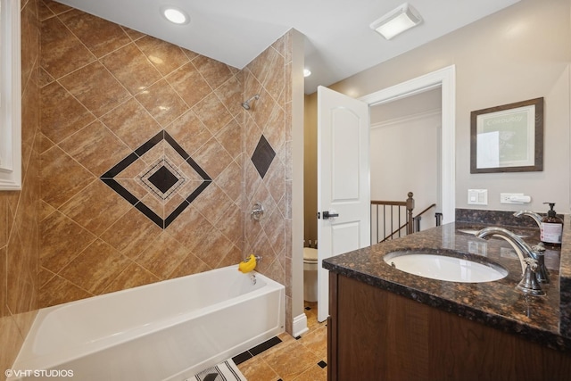 bathroom featuring visible vents, toilet, vanity, shower / bathtub combination, and recessed lighting