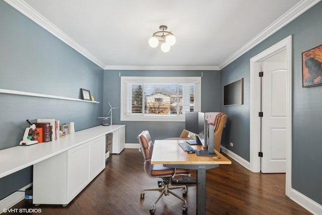 home office with ornamental molding, dark wood-style flooring, and baseboards