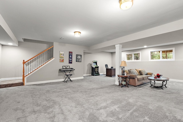 living area featuring stairs, carpet floors, recessed lighting, and baseboards