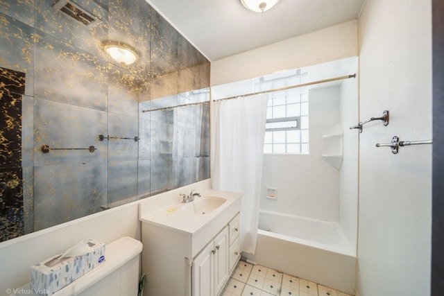 bathroom featuring visible vents, shower / bathtub combination with curtain, toilet, vanity, and tile patterned floors