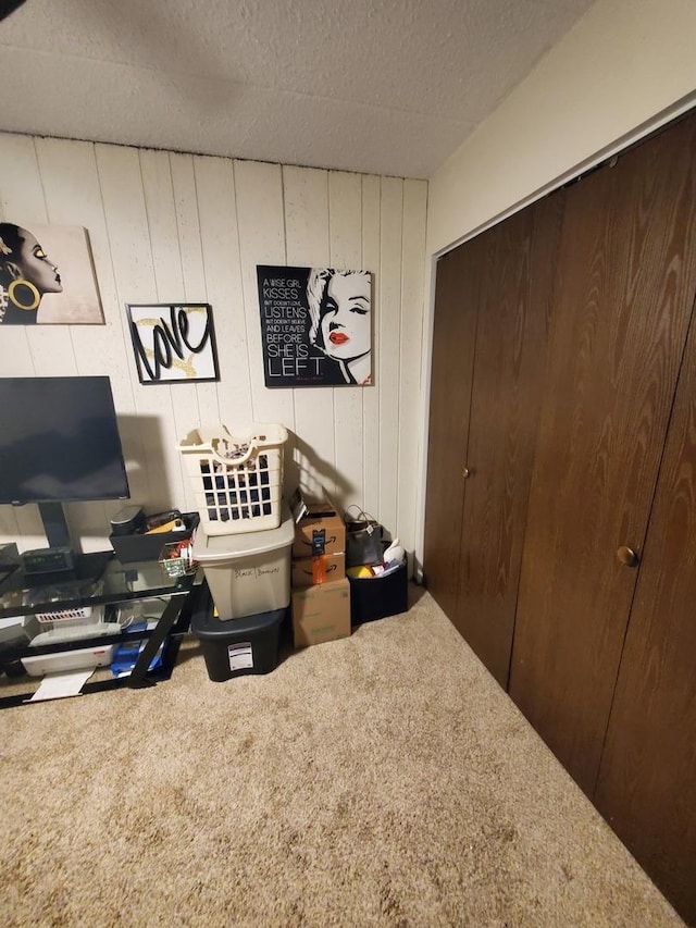 recreation room with a textured ceiling and carpet flooring