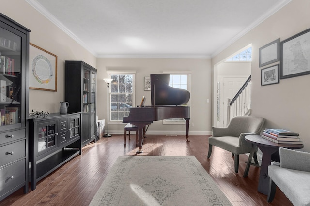 living area with dark wood-type flooring, ornamental molding, stairway, and baseboards