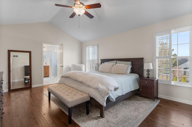 bedroom featuring vaulted ceiling, wood finished floors, a ceiling fan, and baseboards