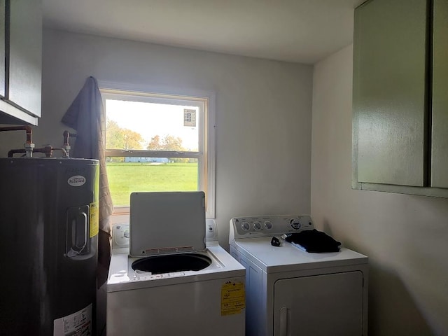 laundry room with water heater and washing machine and clothes dryer