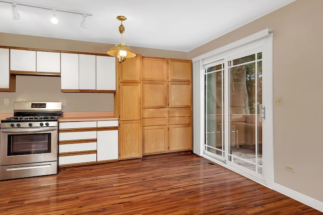 kitchen featuring stainless steel range with gas cooktop, decorative light fixtures, and dark hardwood / wood-style flooring