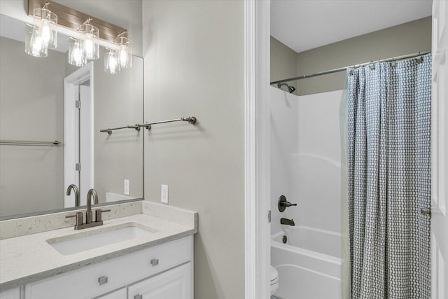 bathroom featuring toilet, shower / bathtub combination with curtain, and vanity