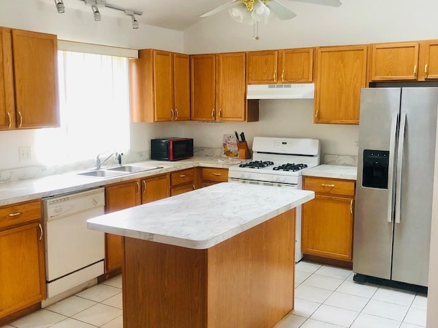 3469 W 155th St, Markham, IL 60428 - kitchen with a sink, ceiling fan, white appliances, under cabinet range hood, and light countertops