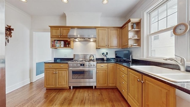 kitchen with a sink, light wood-style floors, wall chimney range hood, open shelves, and stainless steel range