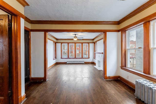 interior space with dark hardwood / wood-style floors, radiator, a baseboard radiator, ornamental molding, and a textured ceiling