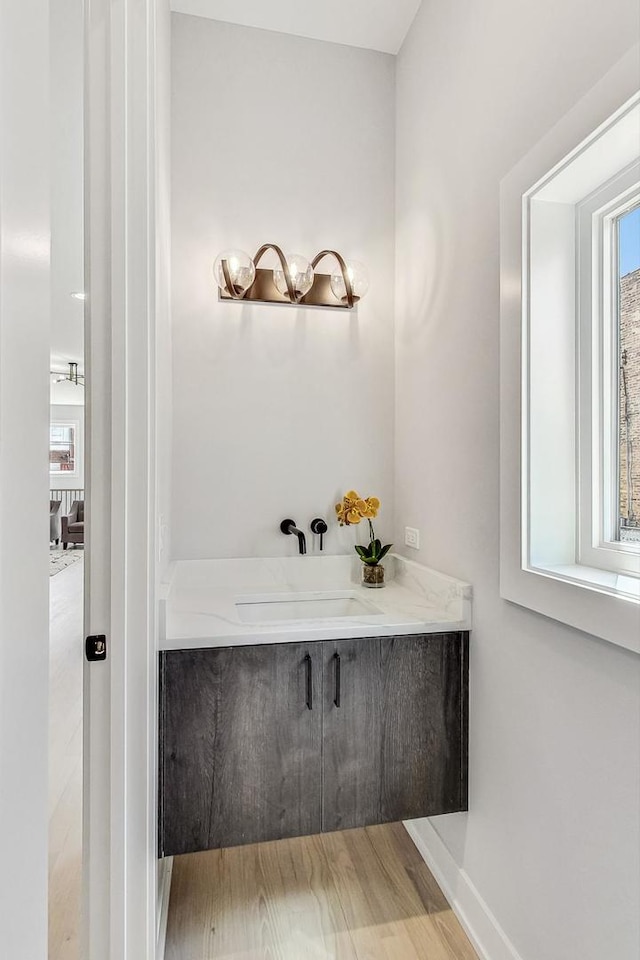 bathroom with vanity and wood-type flooring