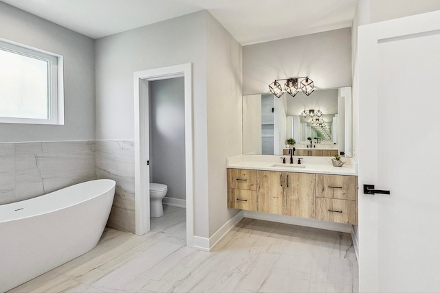 bathroom with vanity, a tub, and toilet