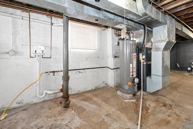 unfinished basement featuring water heater and heating unit