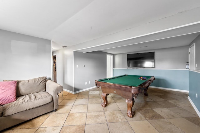 game room with pool table, tile patterned flooring, visible vents, and baseboards