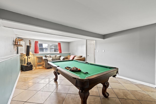 recreation room featuring light tile patterned floors, baseboards, and pool table