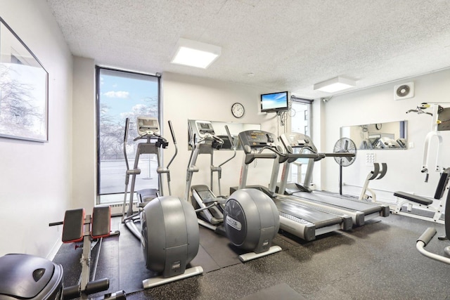 exercise room with floor to ceiling windows and a textured ceiling