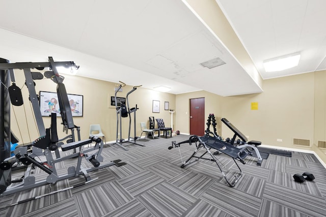 exercise room featuring carpet flooring