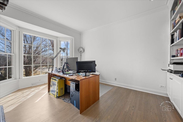 office area featuring wood finished floors, baseboards, and ornamental molding