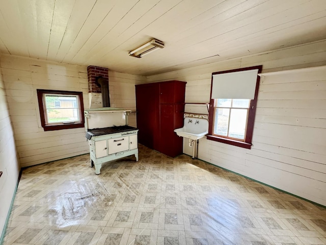 1313 Porter Ave, Lasalle, IL 61301 - kitchen with a wood stove, wood walls, light floors, and wood ceiling