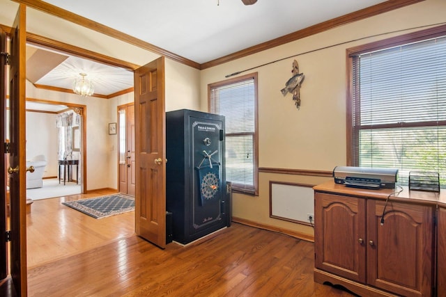 unfurnished office featuring wainscoting, crown molding, and wood finished floors