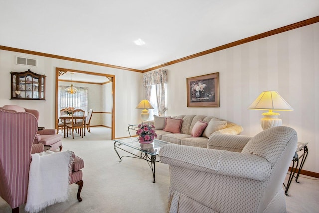 living area featuring wallpapered walls, baseboards, visible vents, crown molding, and carpet flooring