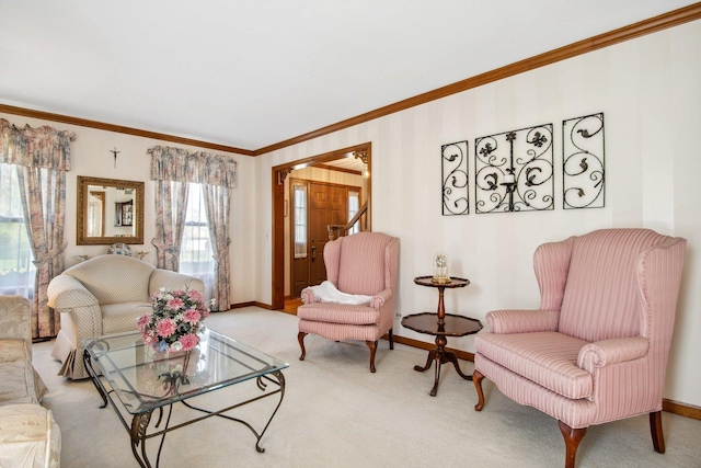 carpeted living area featuring ornamental molding and baseboards