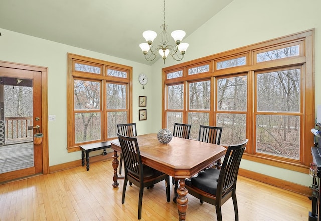 dining space with a chandelier, lofted ceiling, baseboards, light wood-style flooring, and plenty of natural light