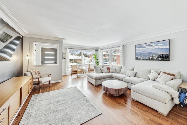 living area featuring ornamental molding and wood finished floors