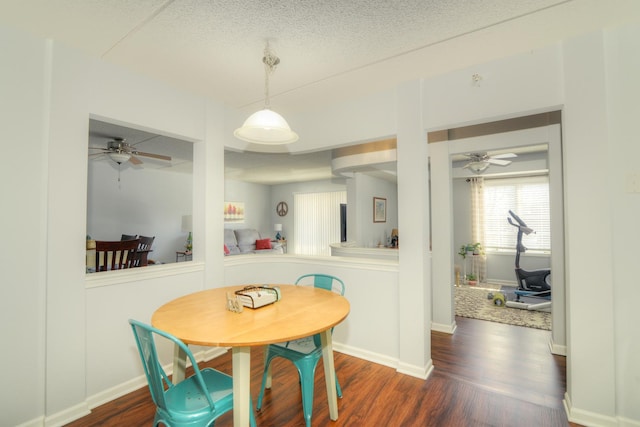 dining room featuring ceiling fan, dark hardwood / wood-style floors, and a textured ceiling