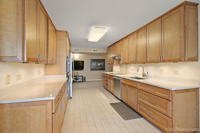 kitchen with black electric cooktop, under cabinet range hood, a sink, light countertops, and dishwasher