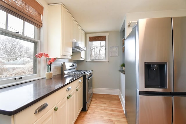 kitchen featuring stainless steel appliances, baseboards, ventilation hood, light wood finished floors, and tasteful backsplash