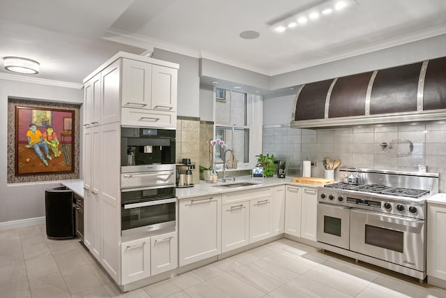 kitchen with appliances with stainless steel finishes, a sink, crown molding, decorative backsplash, and white cabinetry
