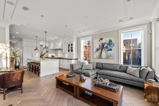 living room featuring light parquet flooring